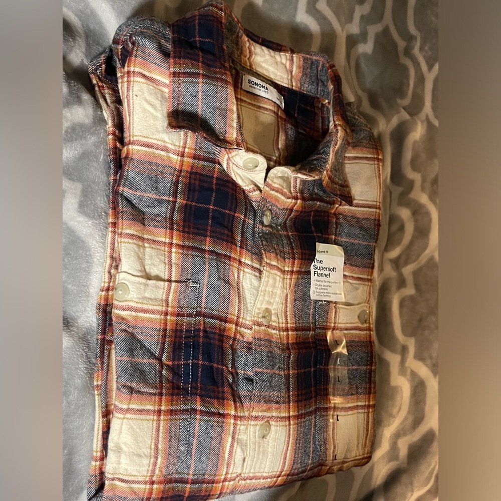 Sonoma Men’s The Super Soft Flannel Orange, Blue & cream NWT Size Large # 2127 - Picture 4 of 9